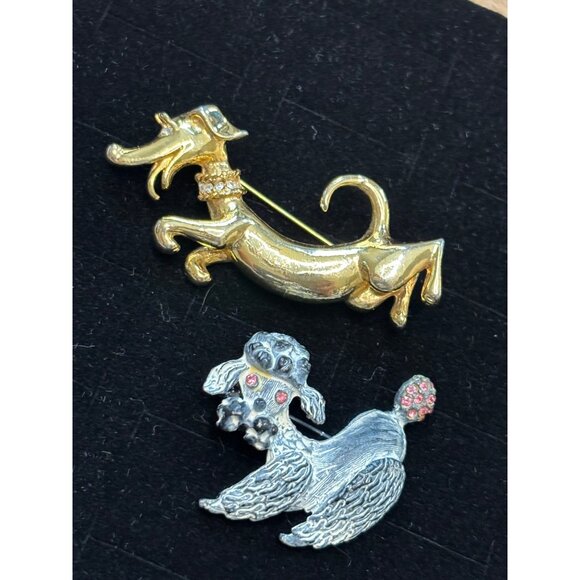 Vintage Gold & Silver-Tone Dachshund & Poodle Dog Brooch Pins With Rhinestone Ac - Picture 7 of 8